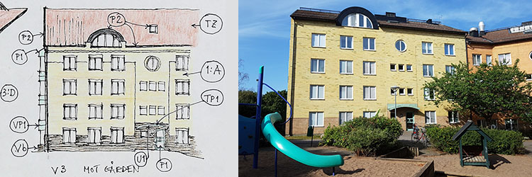 Ritning och resultat av byggnaden Arkivarien